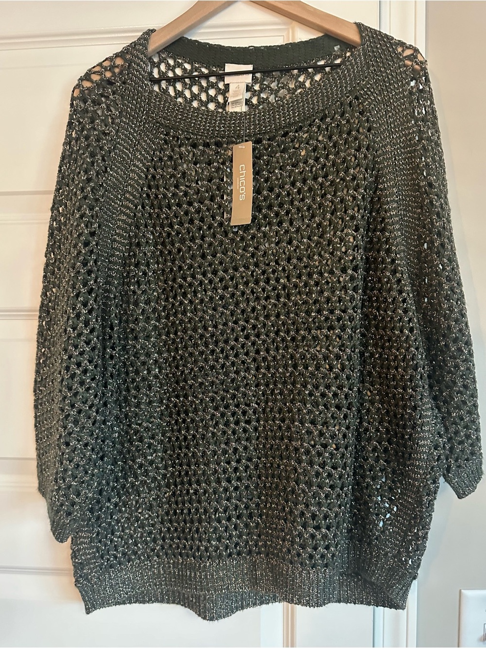 Chico's Open-Knit Metallic Green Women's Sweater Chicos Size 4 / 18-20